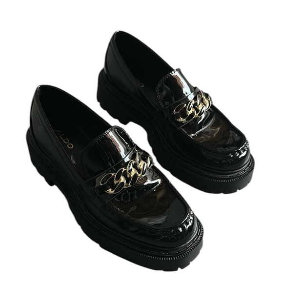 Aldo Shoes - Aldo Black Patent Loafers with Gold Chain, 7